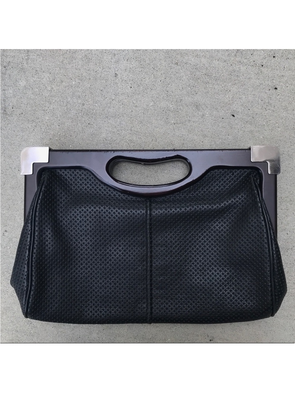 Rebecca Minkoff Black Perforated Leather Handheld Clutch with Metal Corners